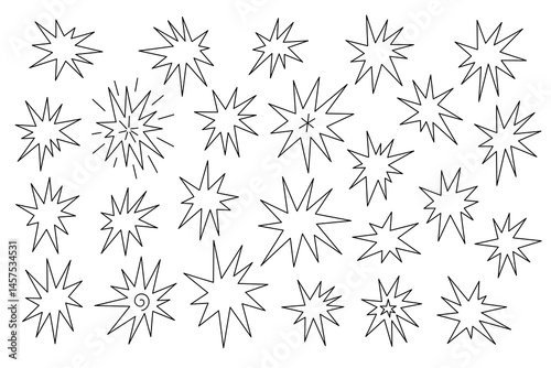 Set of hand drawn abstract figures of stars, flashes, explosions, fireworks of different shapes, sizes with pointed rays in black and white colors for design, comic effects, badges, stickers. 