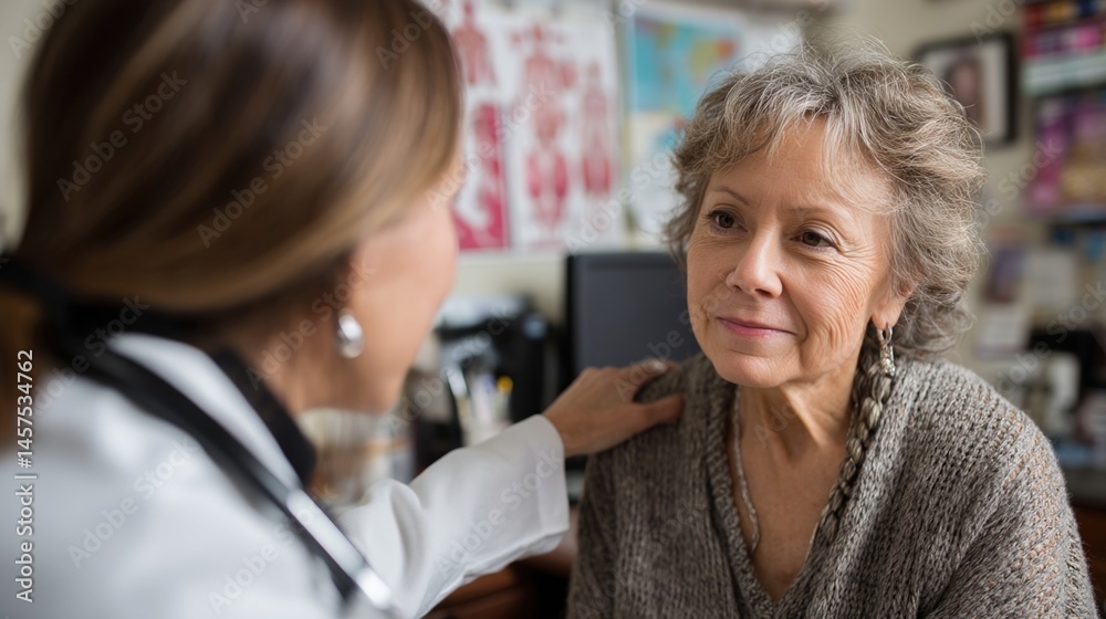 A doctor listens attentively to an elderly patient sitting closely with a reassuring expression in a cozy consultation room filled with medical posters.