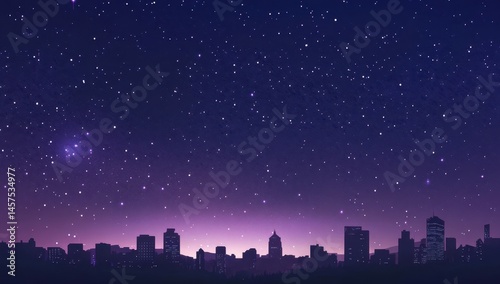 Fototapeta Naklejka Na Ścianę i Meble -  City skyline under a starlit night sky. Silhouettes of city buildings stand against a backdrop of a vast, starry night, with a gradient of purple and violet hues