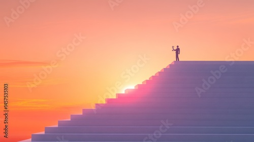 Businessman achieves success atop stairs at sunset