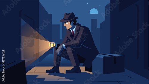 Late Night Stakeout The detective sitting on a crate in the alley holding a flashlight focused on a distant sound heightening the tension of the scene.