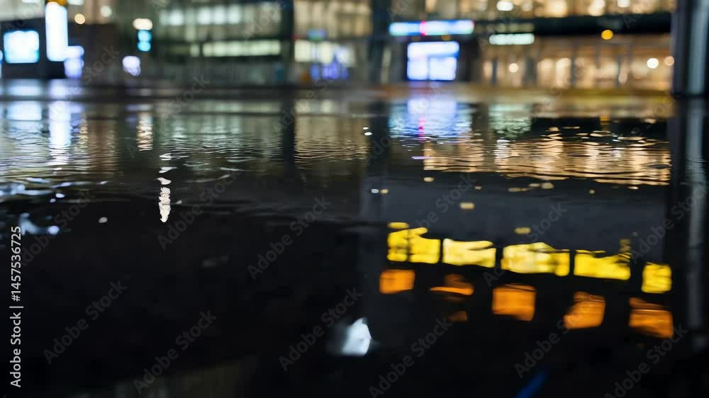 A rainy city street at night, with reflections of the city lights in the puddles, suitable for atmospheric videos, urban documentaries, or music videos