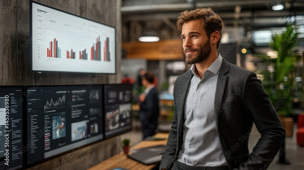 Businessman analyzing data on large screens in a modern office Businessman analyzing data on large screens in a modern office