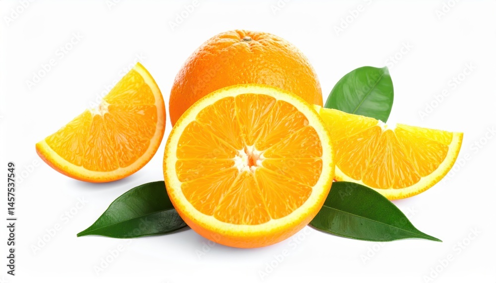 Fototapeta premium A vibrant orange fruit sits alongside sliced segments and lush green leaves, creating a refreshing and healthy still life composition.