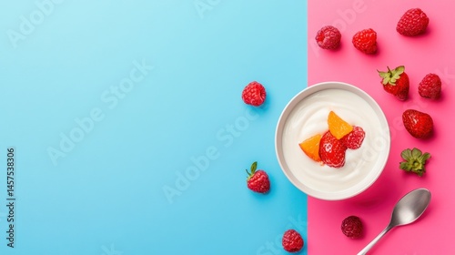 Yogurt with berries and orange on colorful background