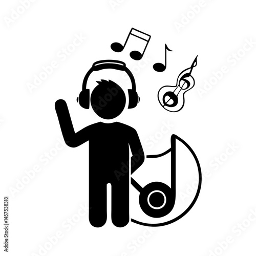 Person listening to music on headphones surrounded by musical notes icons