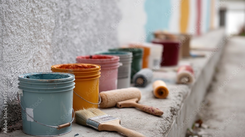A vibrant image of paint buckets brushes and rollers lined up next to a wall that is being transformed with colorful fresh paint.
