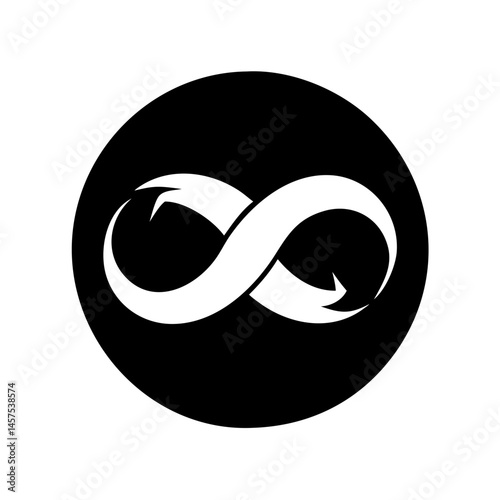 Stylized infinity loop arrows in black circle create an icon illustration
