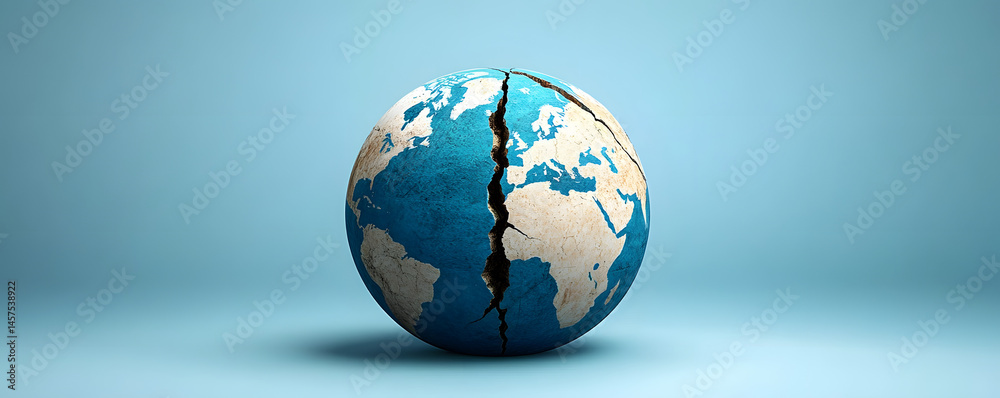 A globe with a large crack through its center, symbolizing geopolitical tensions, economic divides, and global instability.