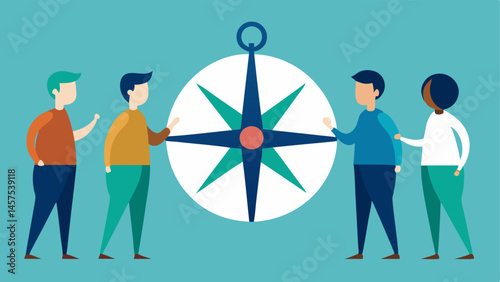 Broken Compass A group looking at a compass that points in the same direction with one person looking confused and pointing in a different direction symbolizing the danger of