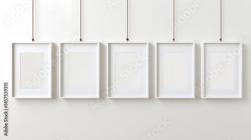 Five Empty White Frames Hanging on a White Wall