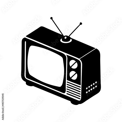 Vintage Television Set with Antenna, knobs and speaker vent in black and white
