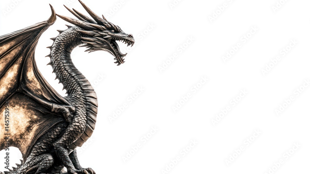 Obraz premium Majestic bronze dragon statue isolated on white