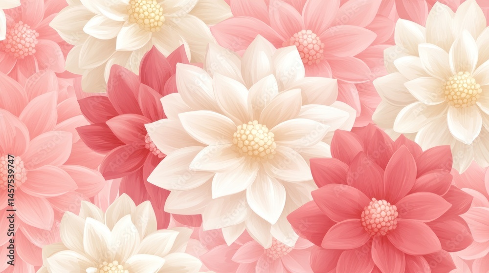 Fototapeta premium Soft pink and white dahlia blossoms delicate floral background illustration