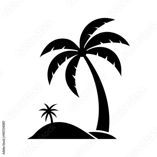 Black silhouette of two palm trees on a small tropical island
