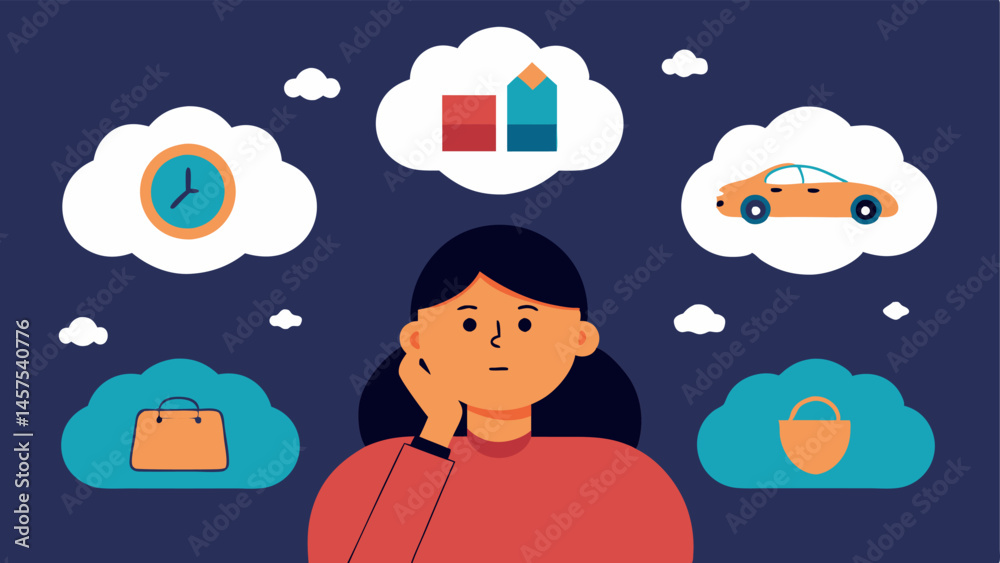 Daydreaming Consumer A seated figure surrounded by thought bubbles containing images of luxury cars designer clothing and extravagant homes signifying aspirations driven by