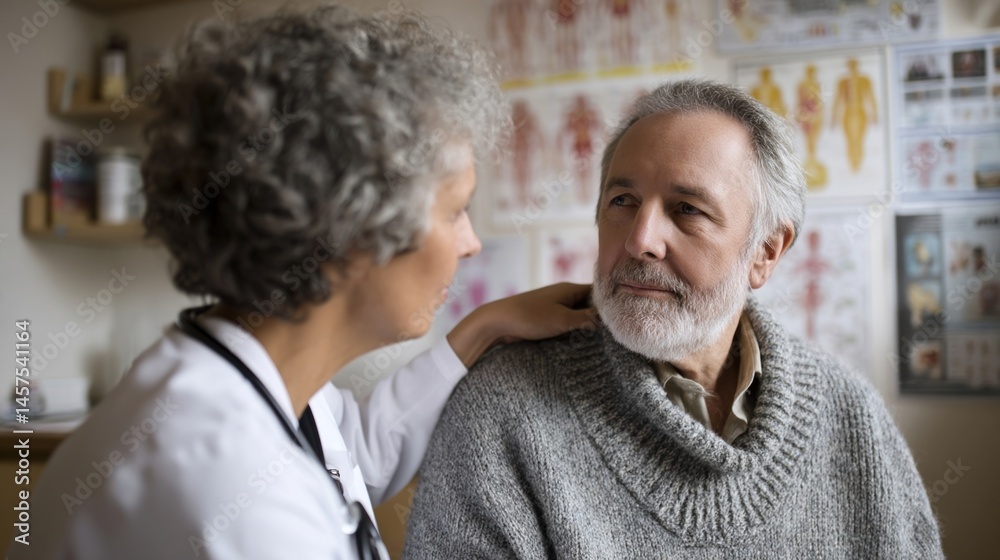 A doctor listens attentively to an elderly patient sitting closely with a reassuring expression in a cozy consultation room filled with medical posters.