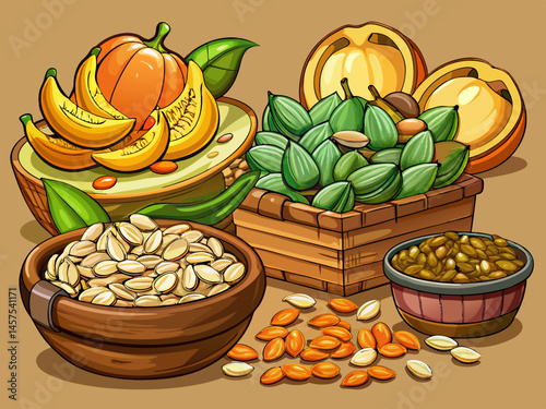 vector of Pumpkin seed fruit kernel, high angle view of stack of piles high, basket, oil, with skin without skin, isolated raw on clear cut,