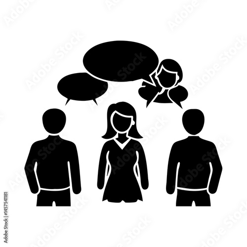 Three people in conversation with speech bubbles showing ideas and opinions