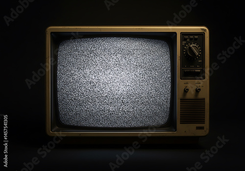 A close-up shot of an old television displaying static on a dark background.