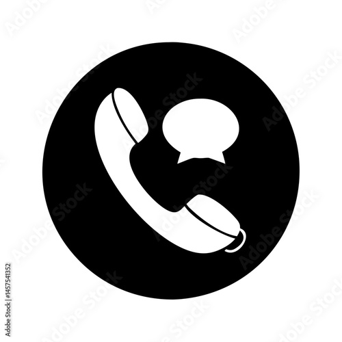 A striking black and white telephone handset with speech bubble symbol