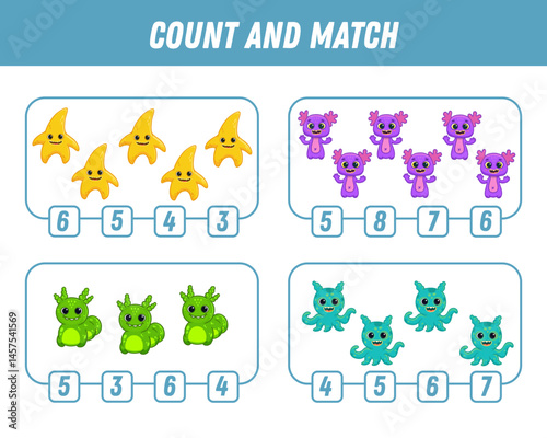 Education game for children count and match of cute cartoon monsters, printable worksheet. Funny monster. Vector illustration
