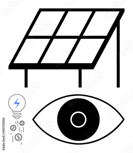 Solar panel generating energy, eye symbolizing vision, and bulb highlighting renewable energy and cost efficiency. Ideal for energy, sustainability, innovation, technology, environmental, cost-saving