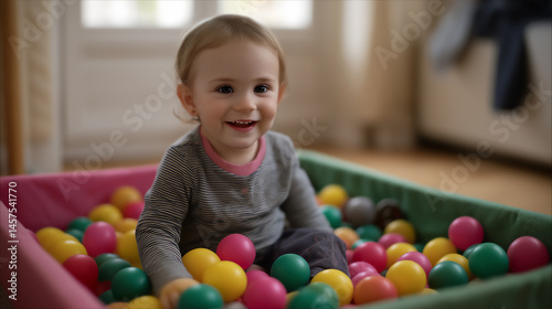 Smiling Caucasian infant or toddler playing at home in portable ball pit