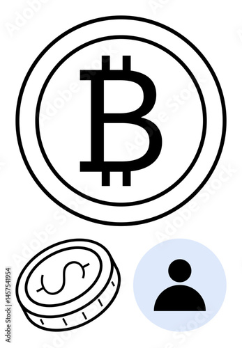 Bitcoin symbol coin, dollar coin, and person icon suggesting cryptocurrency, finance, banking, investment, digital economy, blockchain, fintech and a simple landing page
