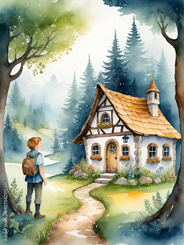 Hansel and Gretel watercolor fantasy illustration. Hand drawn book story. Children fairy tales