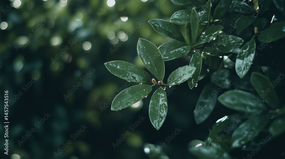 Lush green leaves illuminated by soft light create serene atmosphere
