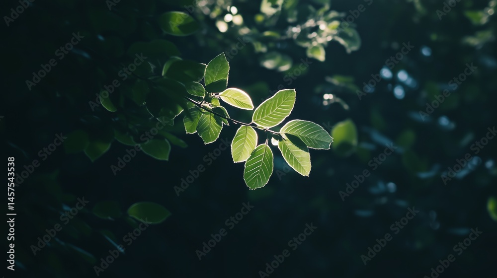 Lush green leaves illuminated by soft light create serene atmosphere