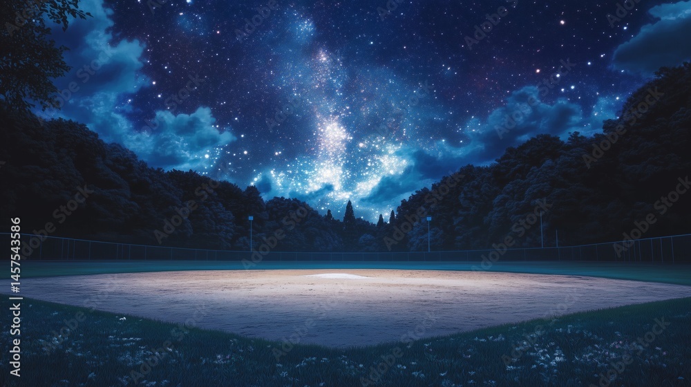 Nighttime Baseball Field Under a Starry Sky Serene Sporting Scene