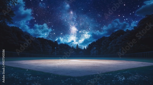 Obraz na płótnie Nighttime Baseball Field Under a Starry Sky Serene Sporting Scene w salonie