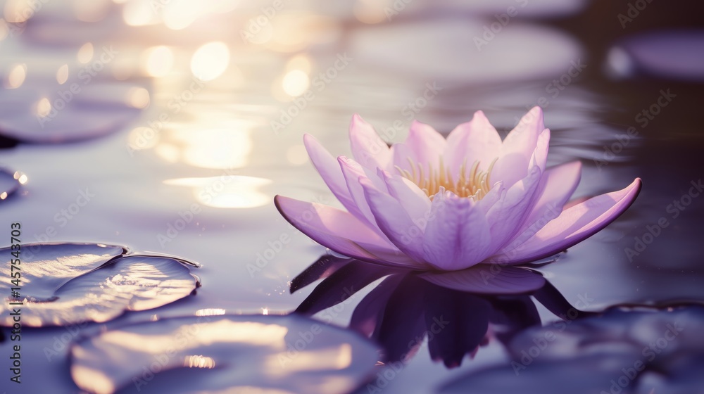 Serene Purple Water Lily in Golden Sunlight Reflecting