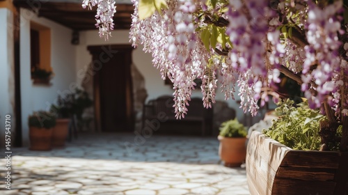 Serene Courtyard with Vibrant Blooming Wisteria