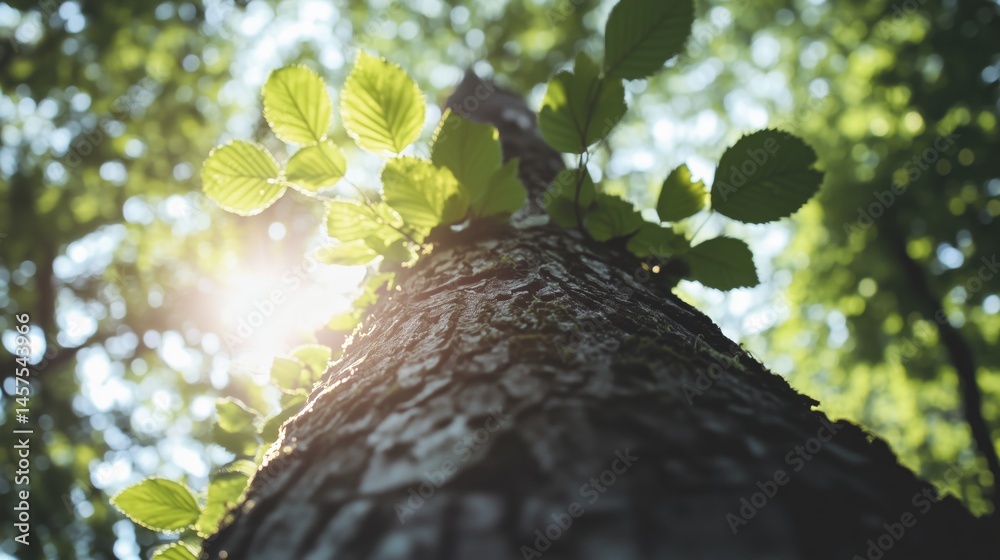 Tall tree trunk with green leaves and sunlight filtering