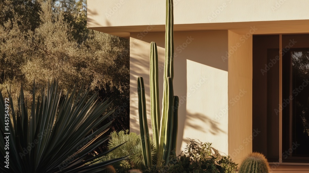 Tall green cactus against a bright yellow background