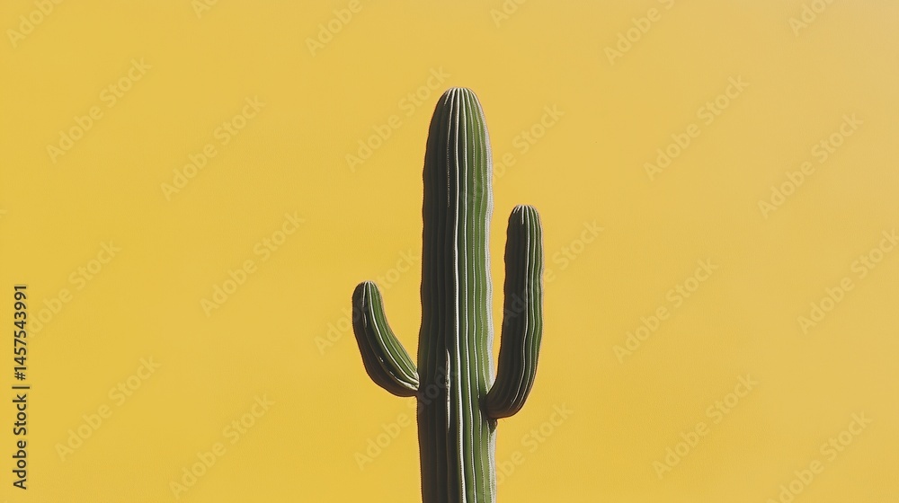 Tall green cactus against a bright yellow background