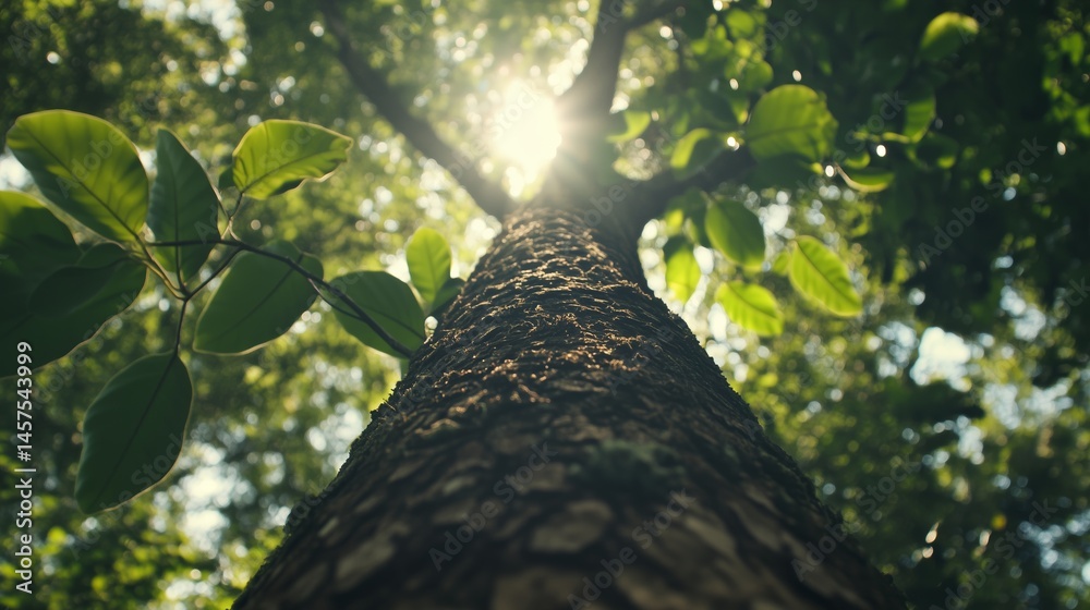 Tall tree trunk with green leaves and sunlight filtering