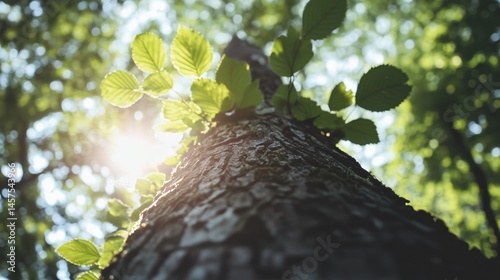 Obraz na płótnie Tall tree trunk with green leaves and sunlight filtering w salonie