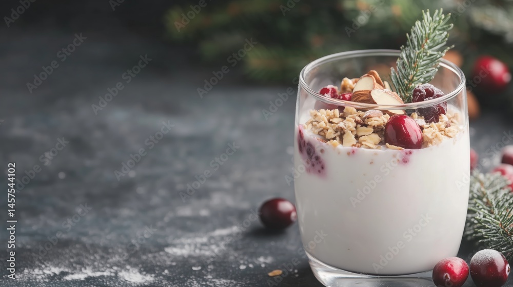 Yogurt parfait with granola, cranberries, and almonds