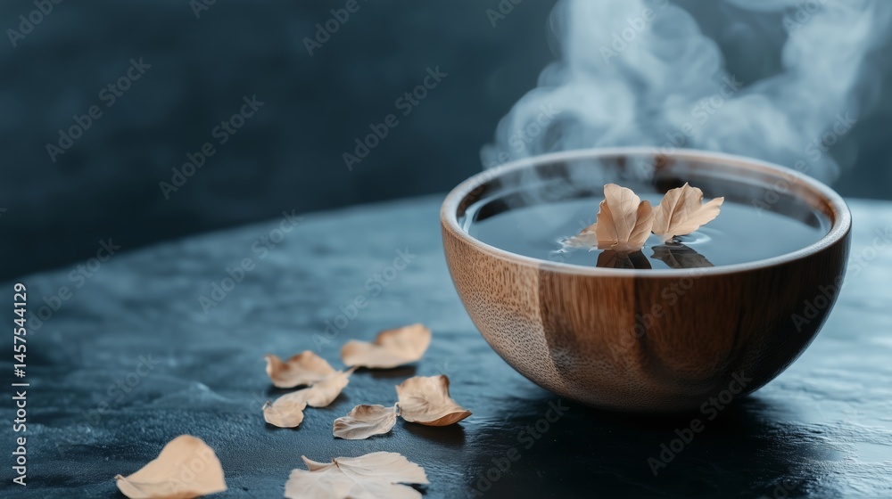 Wooden bowl of steaming liquid with dried leaves