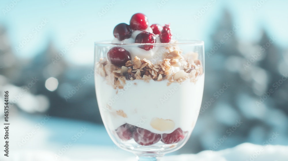Yogurt parfait with granola, cranberries, and almonds