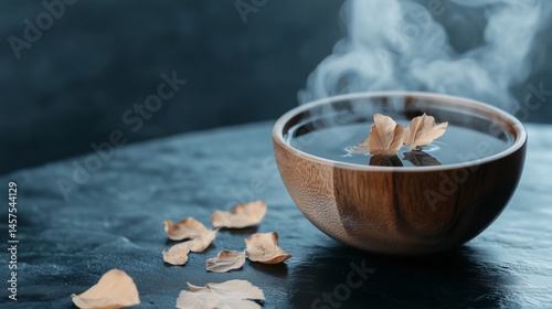 Obraz na płótnie Wooden bowl of steaming liquid with dried leaves w salonie