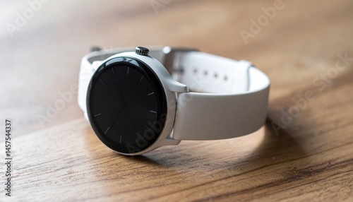 A modern wristwatch with a minimalist white dial and band rests on a warm wood surface, showcasing contemporary style and a sense of quiet elegance.