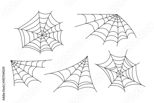 Spider webs set simple hand drawn outline vector illustration of doodle fancy Halloween scary decor elements, clipart perfect for Halloween party design, cartoon spooky character