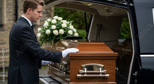 Man in White Gloves Loads Wooden Coffin into Hearse at Funeral Ceremony with Floral Arrangement and Stone Building Exterior