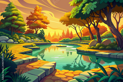 Beautiful summer or spring park landscape with a serene lake surrounded by lush green trees, glowing sunset sky, and a stone path in the foreground. Perfect for nature backgrounds, seasonal themes