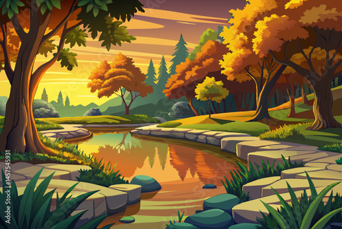 Beautiful summer or spring park landscape with a serene lake surrounded by lush green trees, glowing sunset sky, and a stone path in the foreground. Perfect for nature backgrounds, seasonal themes